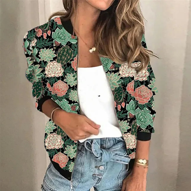 "Damenjacke mit Retro-Blumenmuster und elegantem Reißverschluss, modisch und stilvoll, ideal für modebewusste Frauen"