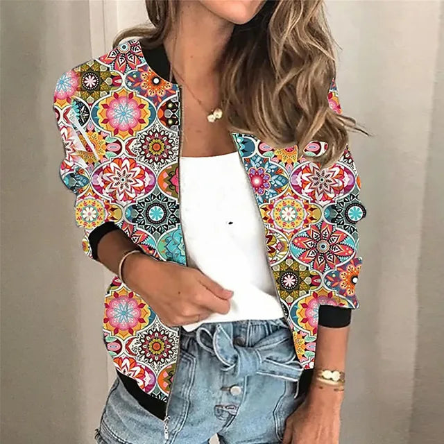 "Damenjacke mit Retro-Blumenmuster und elegantem Reißverschluss, modisch und stilvoll, ideal für modebewusste Frauen"