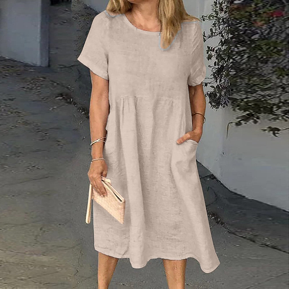 "Damenkleid in Beige, eleganter Stil, weicher Stoff, für formelle und lässige Anlässe, schmeichelhafte Passform, Komfort"