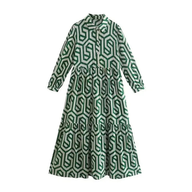 "Damenkleid mit V-Ausschnitt und geometrischem Muster in Midi-Länge, figurbetonter Chic, vielseitig"