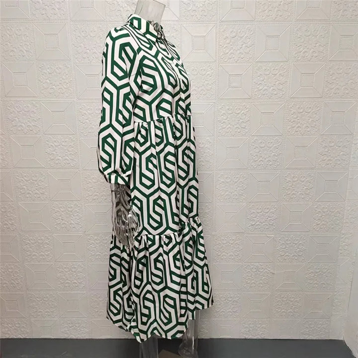 "Damenkleid mit V-Ausschnitt und geometrischem Muster in Midi-Länge, figurbetonter Chic, vielseitig"