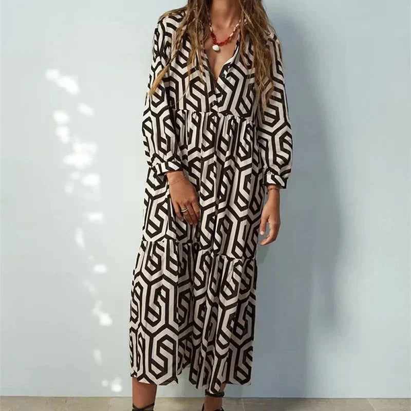 "Damenkleid mit V-Ausschnitt und geometrischem Muster in Midi-Länge, figurbetonter Chic, vielseitig"