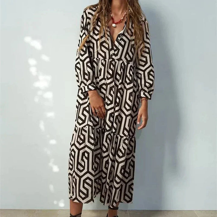"Damenkleid mit V-Ausschnitt und geometrischem Muster in Midi-Länge, figurbetonter Chic, vielseitig"