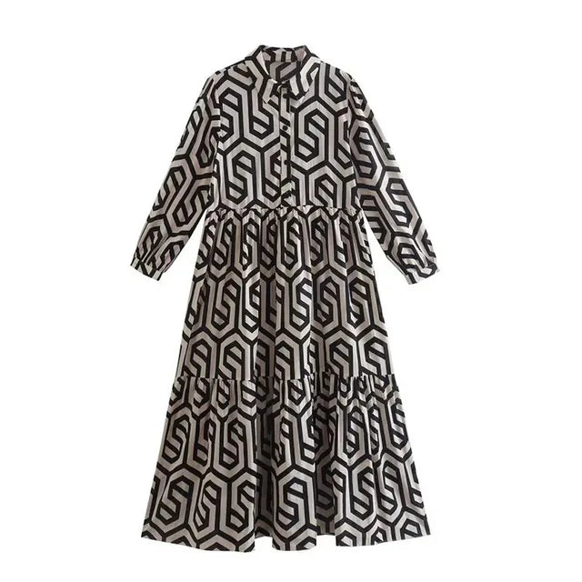 "Damenkleid mit V-Ausschnitt und geometrischem Muster in Midi-Länge, figurbetonter Chic, vielseitig"