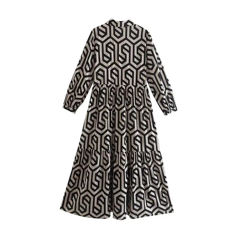 "Damenkleid mit V-Ausschnitt und geometrischem Muster in Midi-Länge, figurbetonter Chic, vielseitig"