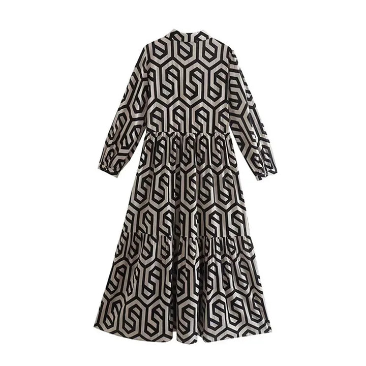 "Damenkleid mit V-Ausschnitt und geometrischem Muster in Midi-Länge, figurbetonter Chic, vielseitig"