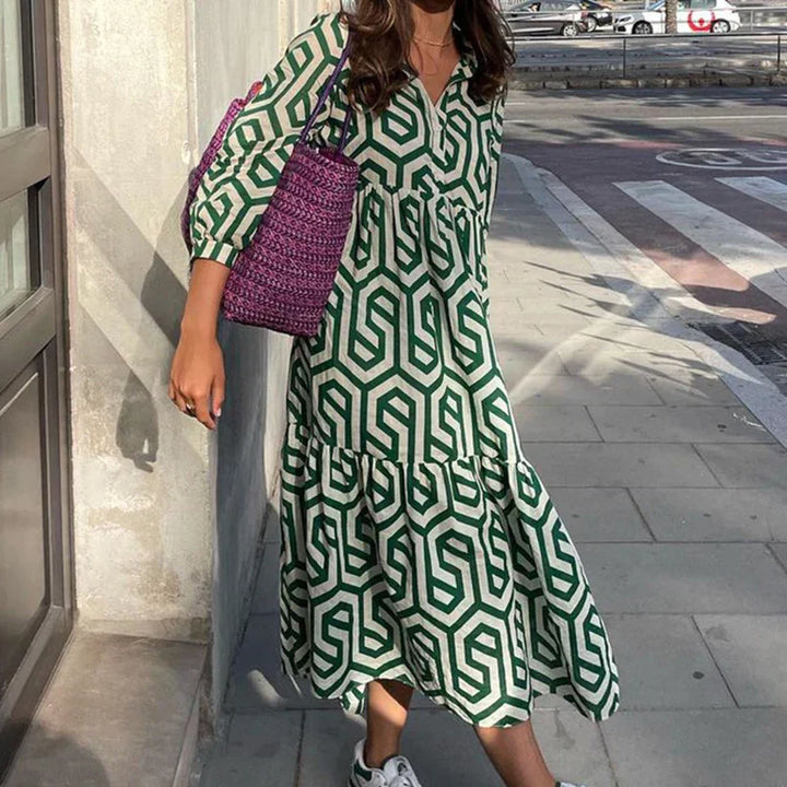 "Damenkleid mit V-Ausschnitt und geometrischem Muster in Midi-Länge, figurbetonter Chic, vielseitig"