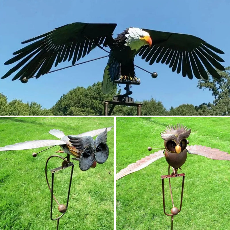 Dekorativer Gartenkunst-Vogel Windrad, inspiriert von Adler und Eule, aus Metall für Terrasse oder Garten.