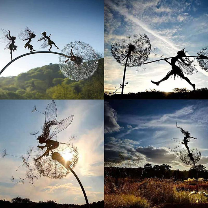"Detailreiche Feenskulptur aus Metall mit Löwenzahn, perfekte Gartendeko für eine magische Atmosphäre."