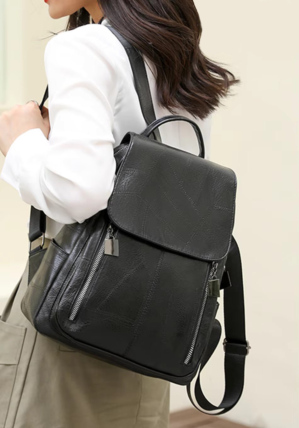 Diebstahlsicherer Lederrucksack Damen, elegant, Premium-Leder, zeitloses Design, ideal für stilvolle, sichere Reisen.