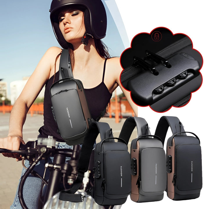 "Diebstahlsicherer USB-Rucksack aus wasserfestem Material, schwarz, ergonomisch, Vorderansicht, modernes Design."