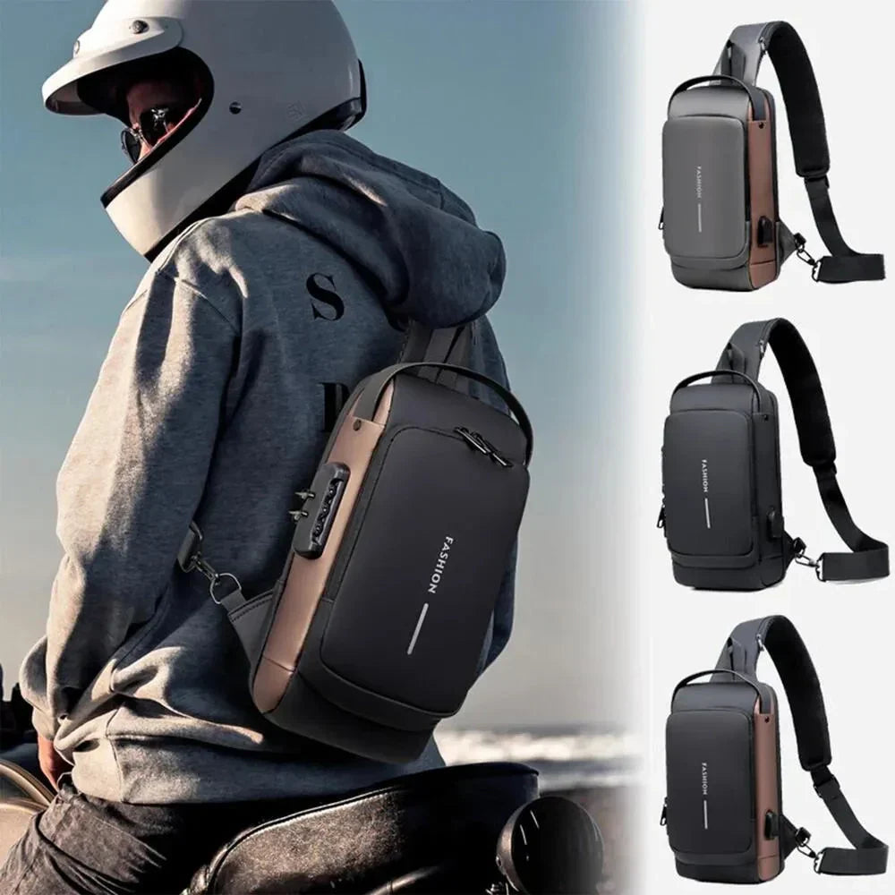 "Diebstahlsicherer USB-Rucksack aus wasserfestem Material, schwarz, ergonomisch, Vorderansicht, modernes Design."