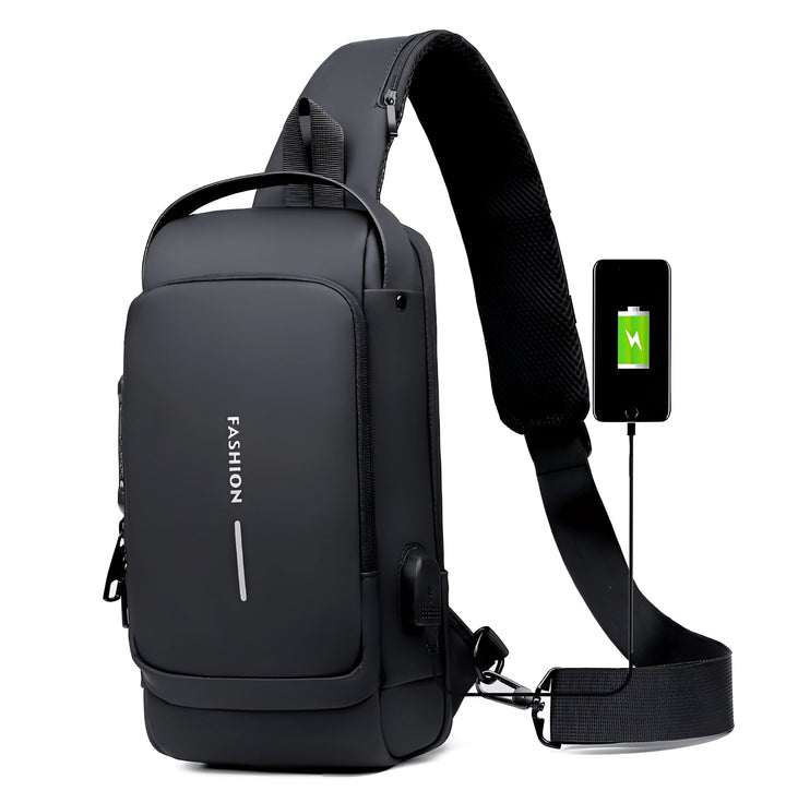 "Diebstahlsicherer USB-Rucksack aus wasserfestem Material, schwarz, ergonomisch, Vorderansicht, modernes Design."