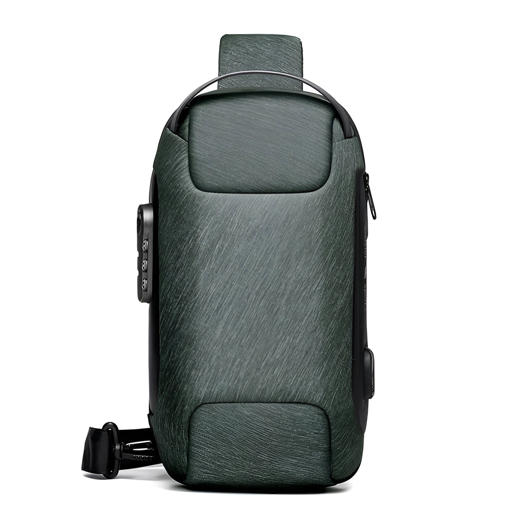 "Diebstahlsicherer USB-Rucksack aus wasserfestem Material, schwarz, ergonomisch, Vorderansicht, modernes Design."