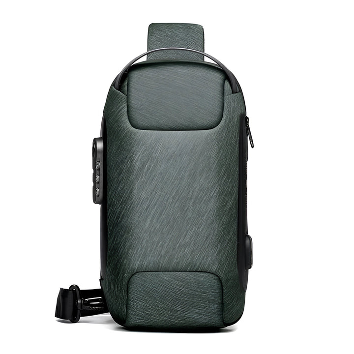 "Diebstahlsicherer USB-Rucksack aus wasserfestem Material, schwarz, ergonomisch, Vorderansicht, modernes Design."
