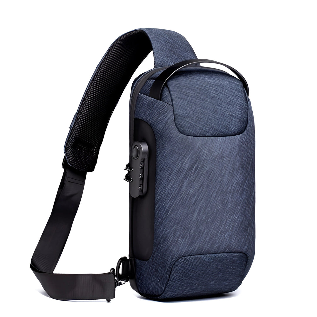 "Diebstahlsicherer USB-Rucksack aus wasserfestem Material, schwarz, ergonomisch, Vorderansicht, modernes Design."