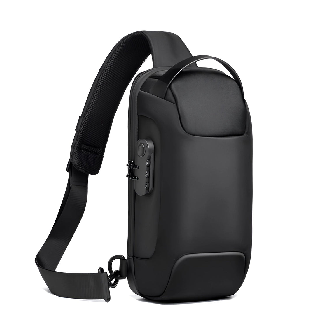 "Diebstahlsicherer USB-Rucksack aus wasserfestem Material, schwarz, ergonomisch, Vorderansicht, modernes Design."