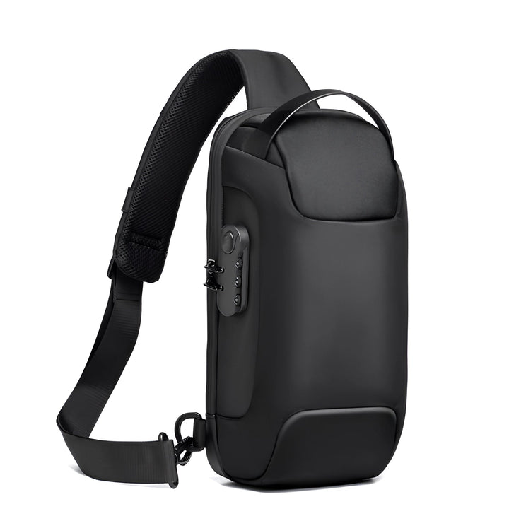 "Diebstahlsicherer USB-Rucksack aus wasserfestem Material, schwarz, ergonomisch, Vorderansicht, modernes Design."