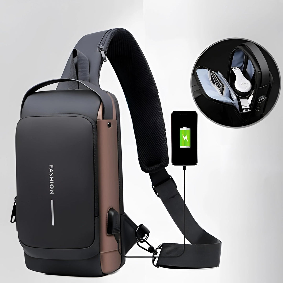 "Diebstahlsicherer USB-Rucksack aus wasserfestem Material, schwarz, ergonomisch, Vorderansicht, modernes Design."