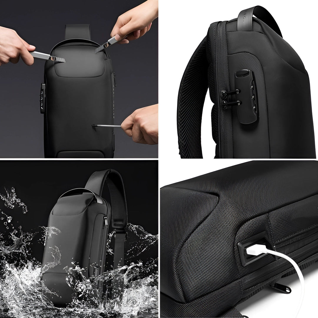 "Diebstahlsicherer USB-Rucksack aus wasserfestem Material, schwarz, ergonomisch, Vorderansicht, modernes Design."