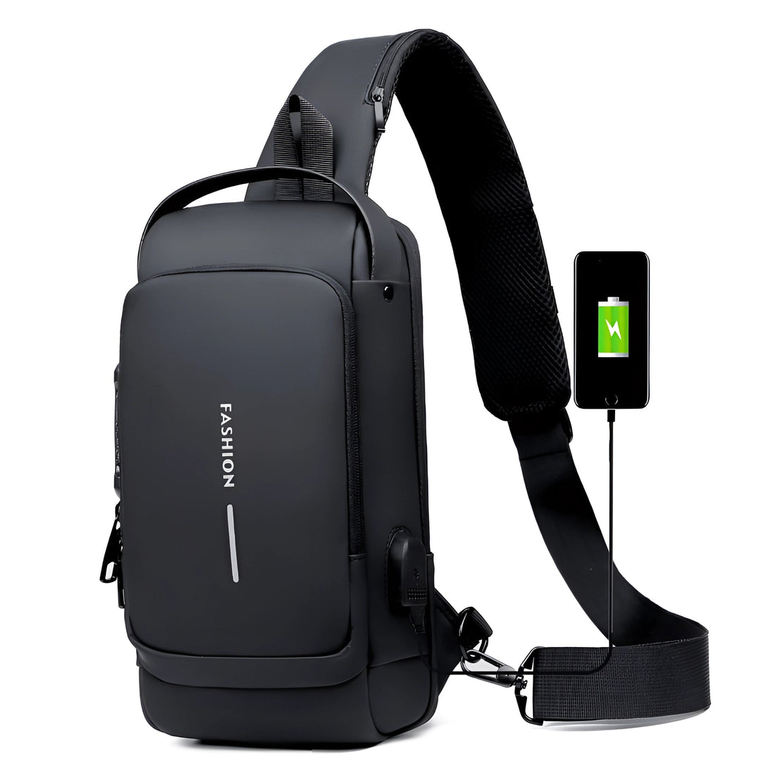 "Diebstahlsicherer USB-Rucksack aus wasserfestem Material, schwarz, ergonomisch, Vorderansicht, modernes Design."