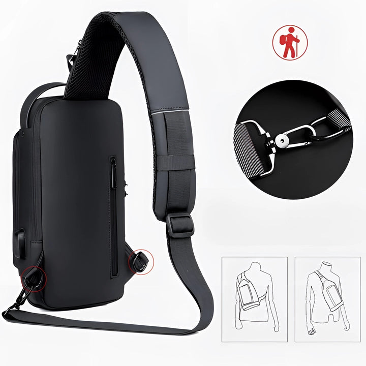 "Diebstahlsicherer USB-Rucksack aus wasserfestem Material, schwarz, ergonomisch, Vorderansicht, modernes Design."