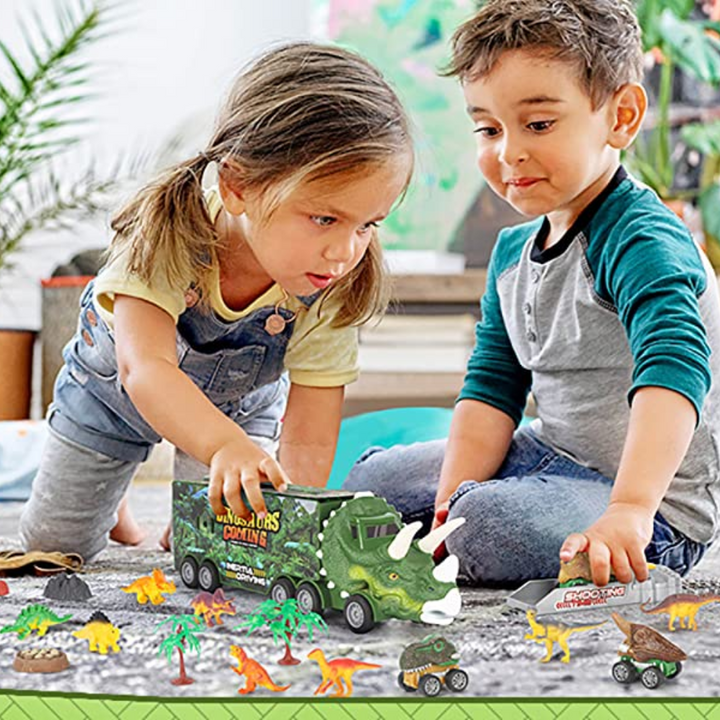 "Dinosaurier-Spielzeug LKW mit Mini-Dinos, grünem Triceratops-Design, ideal für Kinderabenteuer und organisierte Aufbewahrung