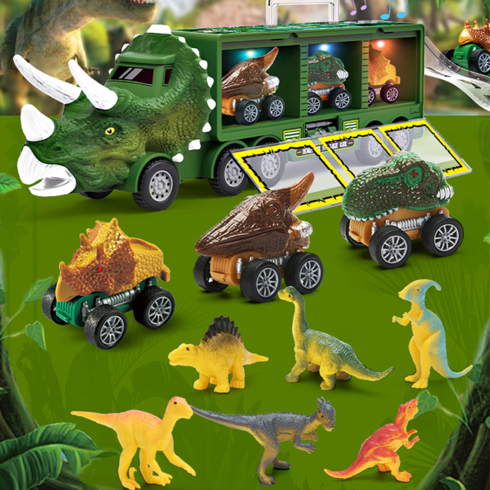 "Dinosaurier-Spielzeug LKW mit Mini-Dinos, grünem Triceratops-Design, ideal für Kinderabenteuer und organisierte Aufbewahrung
