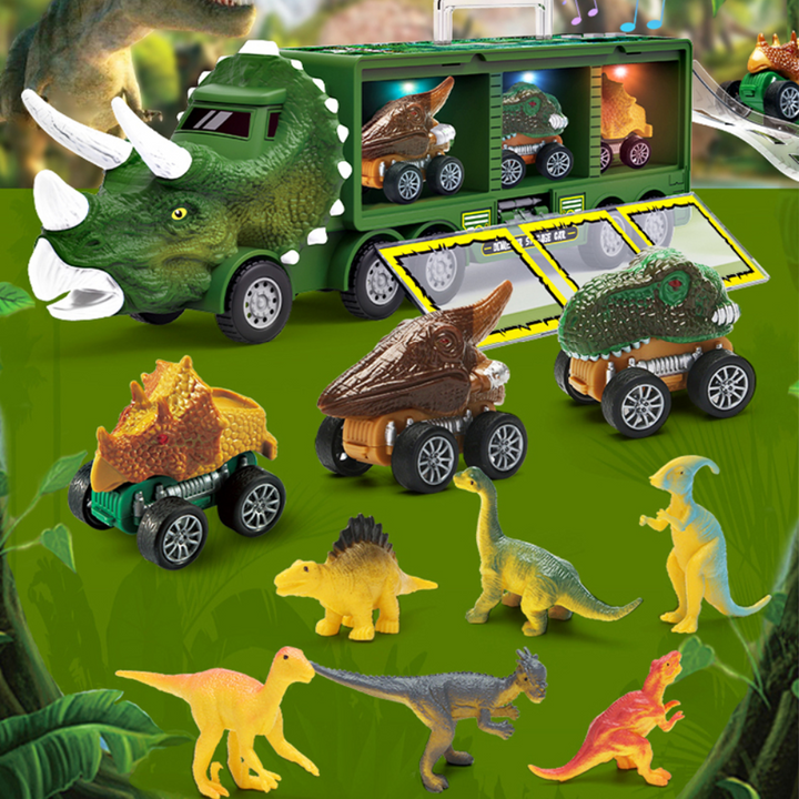 "Dinosaurier-Spielzeug LKW mit Mini-Dinos, grünem Triceratops-Design, ideal für Kinderabenteuer und organisierte Aufbewahrung