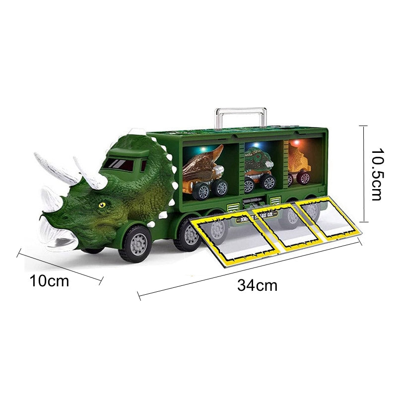 "Dinosaurier-Spielzeug LKW mit Mini-Dinos, grünem Triceratops-Design, ideal für Kinderabenteuer und organisierte Aufbewahrung