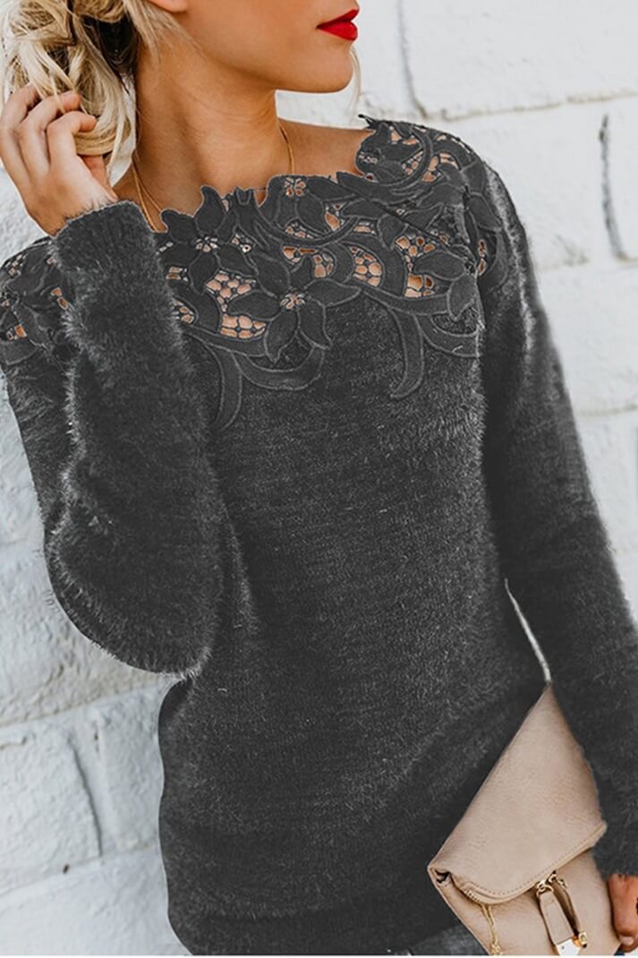 Damen Pullover mit Spitzen-Ausschnitt