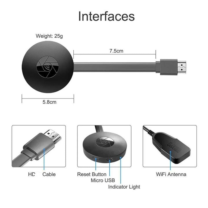 "Drahtloser TV-Stick, kompakt, streamt in 1080P von PC oder Smartphone auf großen Bildschirm, ideal für Reisen."