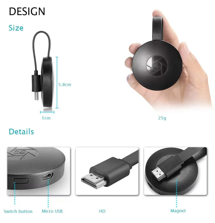 "Drahtloser TV-Stick, kompakt, streamt in 1080P von PC oder Smartphone auf großen Bildschirm, ideal für Reisen."