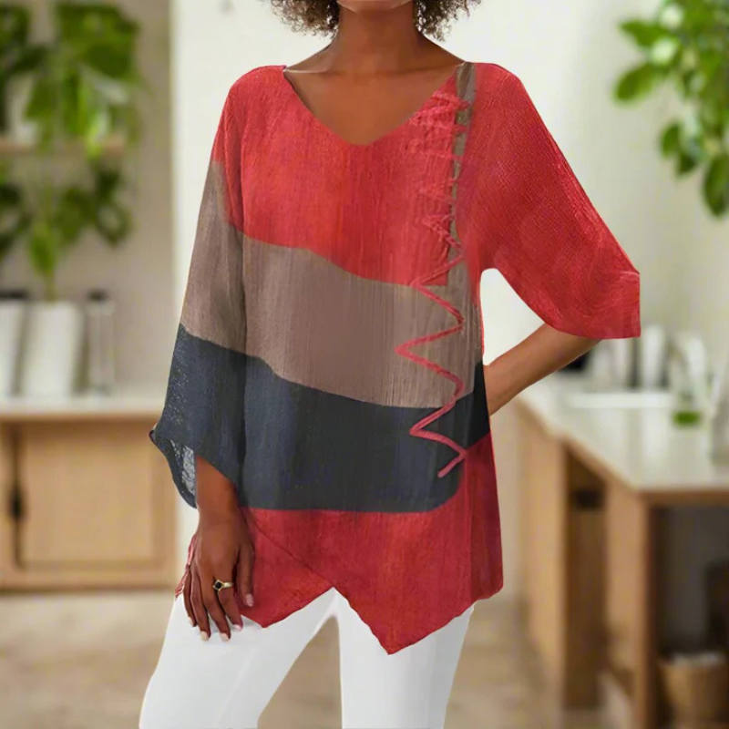 "Dreifarbige Damen-Langarmbluse mit Farbblock in Blau, Gelb, Rot, elegantes Design, ideal für Sommerlook."