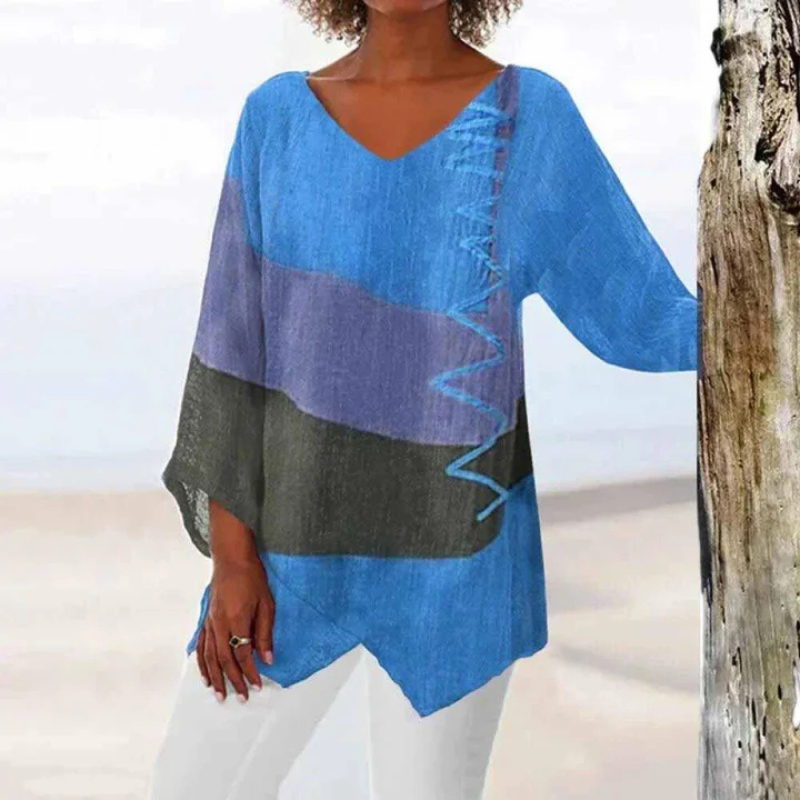 "Dreifarbige Damen-Langarmbluse mit Farbblock in Blau, Gelb, Rot, elegantes Design, ideal für Sommerlook."