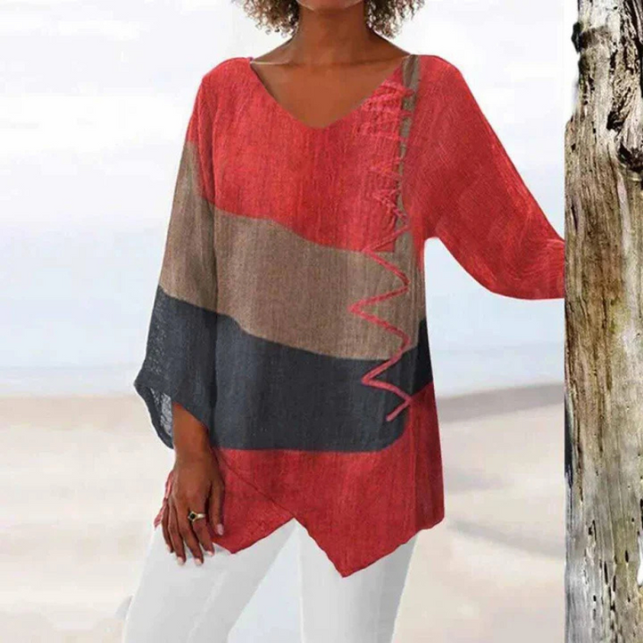 "Dreifarbige Damen-Langarmbluse mit Farbblock in Blau, Gelb, Rot, elegantes Design, ideal für Sommerlook."