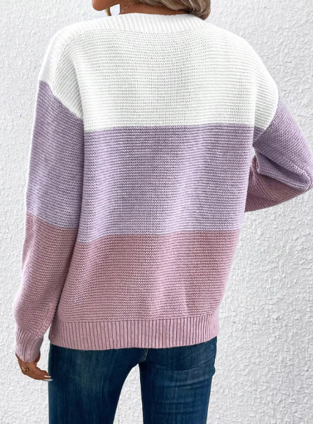 "Dreifarbiger Patchwork-Pullover für Damen, elegantes Design, komfortabel und modisch, perfekt für den Frühling"