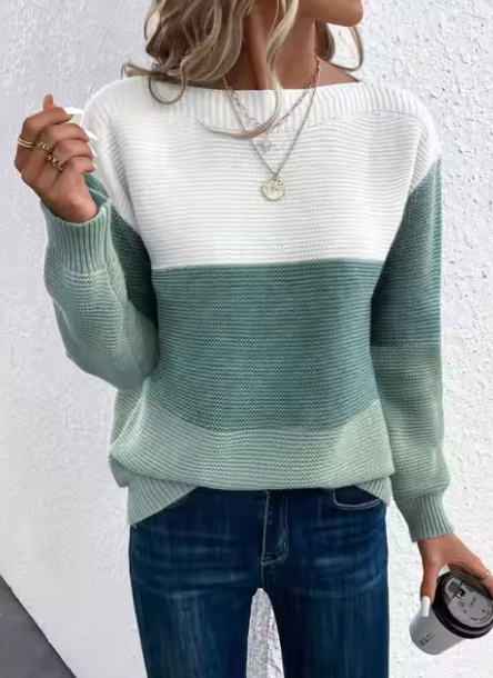 "Dreifarbiger Patchwork-Pullover für Damen, elegantes Design, komfortabel und modisch, perfekt für den Frühling"