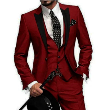 "Dreiteiliger Herren Hochzeitsanzug, stilvoll und bequem in Schwarz, ideal für formelle Anlässe und Hochzeitsgäste."