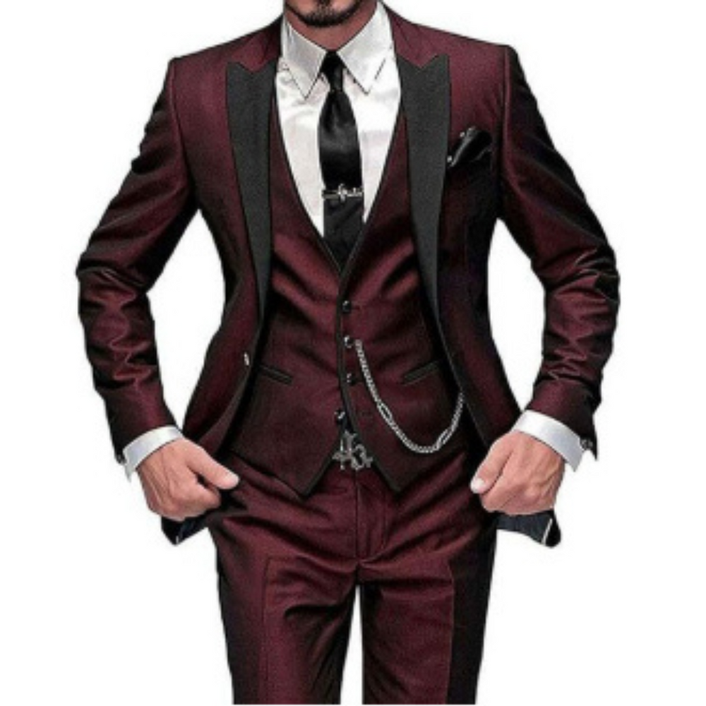 "Dreiteiliger Herren Hochzeitsanzug, stilvoll und bequem in Schwarz, ideal für formelle Anlässe und Hochzeitsgäste."