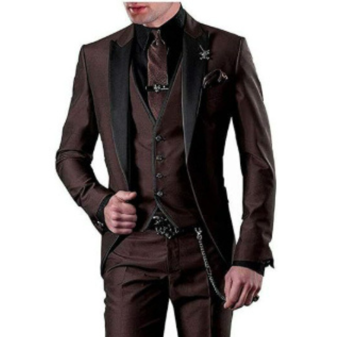 "Dreiteiliger Herren Hochzeitsanzug, stilvoll und bequem in Schwarz, ideal für formelle Anlässe und Hochzeitsgäste."