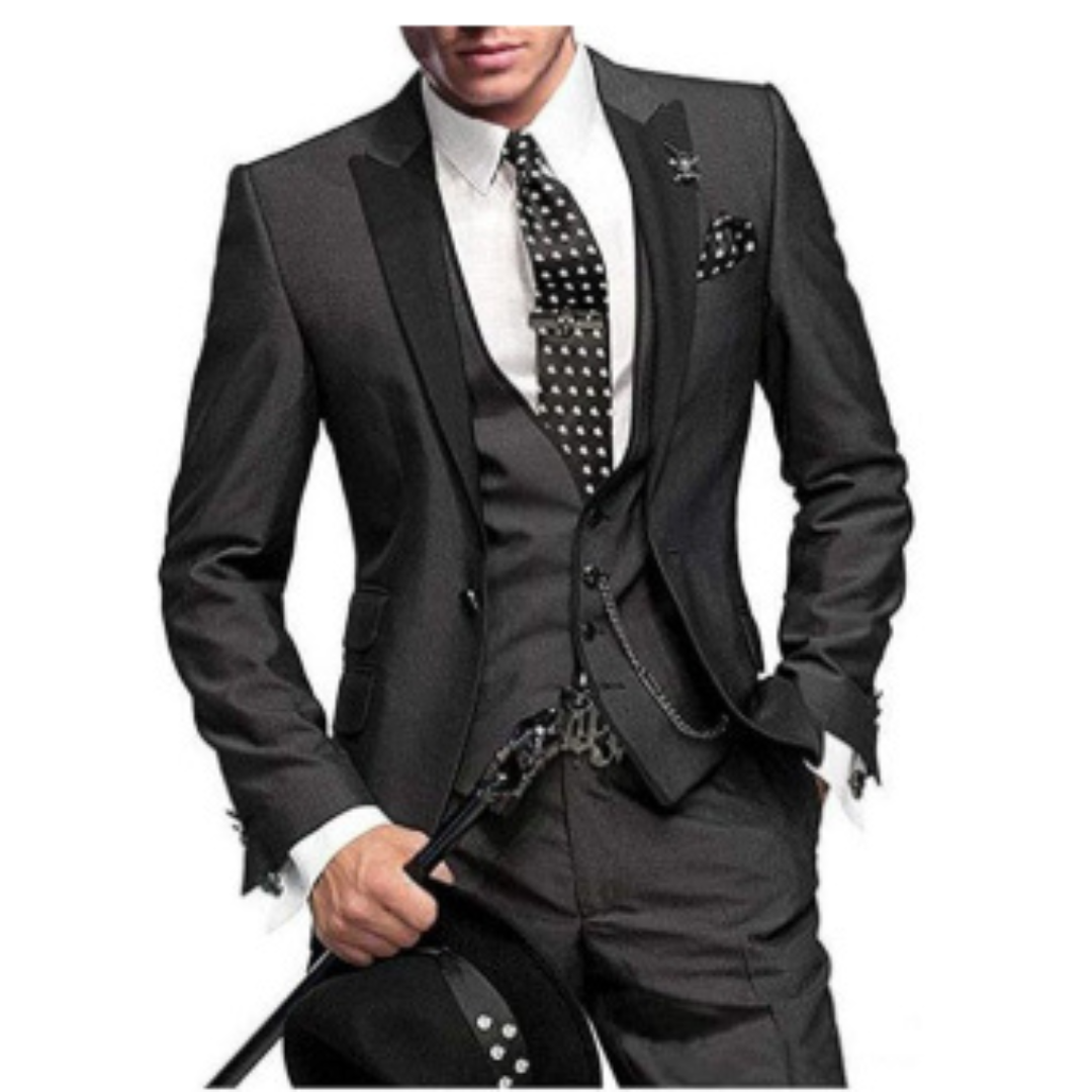 "Dreiteiliger Herren Hochzeitsanzug, stilvoll und bequem in Schwarz, ideal für formelle Anlässe und Hochzeitsgäste."