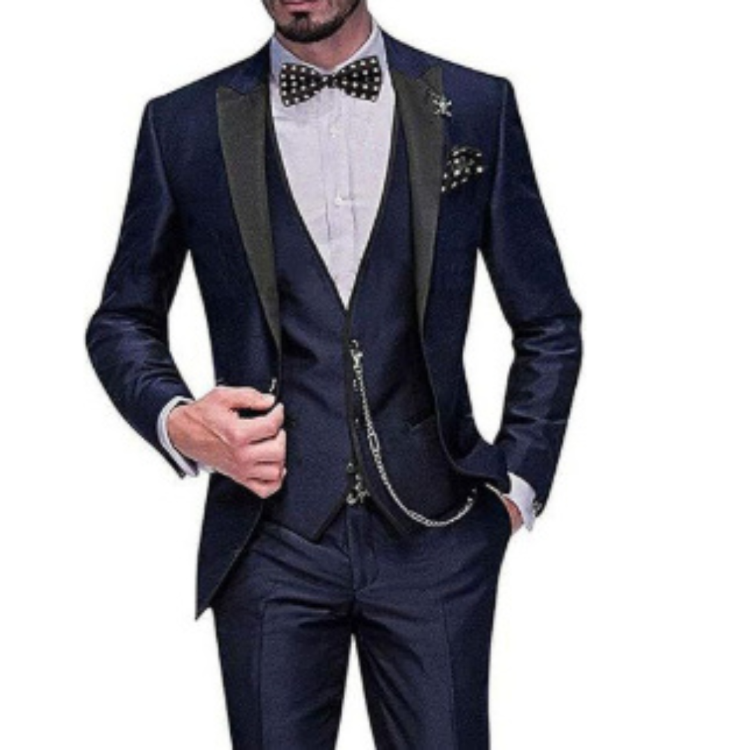 "Dreiteiliger Herren Hochzeitsanzug, stilvoll und bequem in Schwarz, ideal für formelle Anlässe und Hochzeitsgäste."