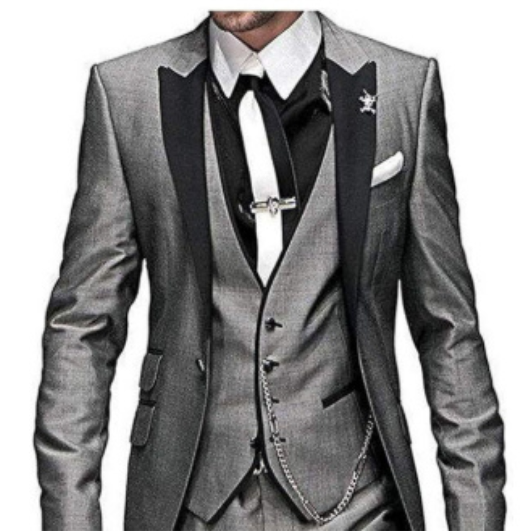 "Dreiteiliger Herren Hochzeitsanzug, stilvoll und bequem in Schwarz, ideal für formelle Anlässe und Hochzeitsgäste."