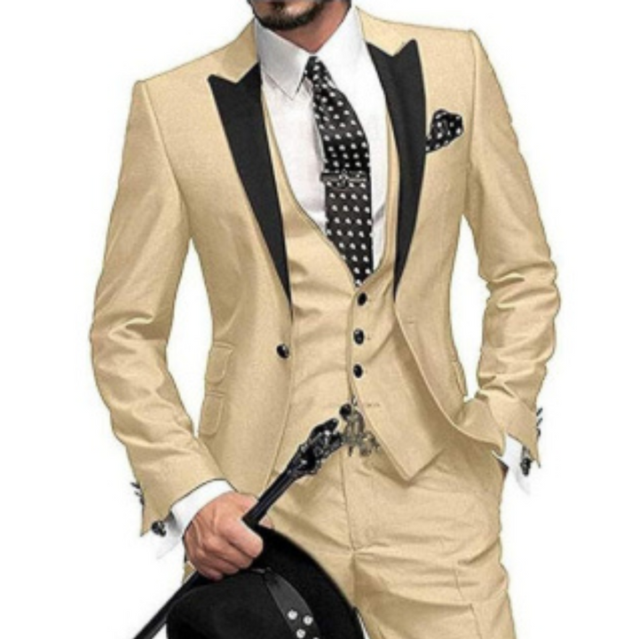"Dreiteiliger Herren Hochzeitsanzug, stilvoll und bequem in Schwarz, ideal für formelle Anlässe und Hochzeitsgäste."