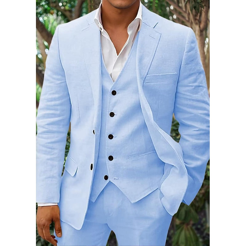 "Dreiteiliges Herren Leinen-Set in Schwarz, edler Blazer, klassische Weste, Hose; ideal für formelle Anlässe."