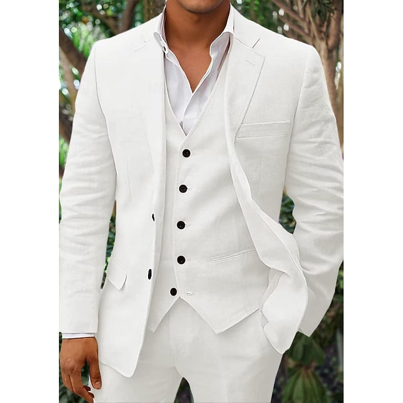 "Dreiteiliges Herren Leinen-Set in Schwarz, edler Blazer, klassische Weste, Hose; ideal für formelle Anlässe."
