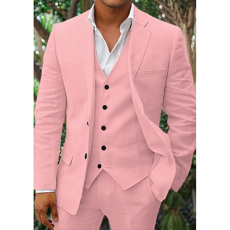 "Dreiteiliges Herren Leinen-Set in Schwarz, edler Blazer, klassische Weste, Hose; ideal für formelle Anlässe."