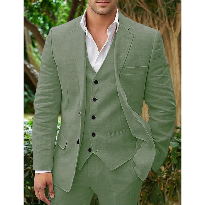"Dreiteiliges Herren Leinen-Set in Schwarz, edler Blazer, klassische Weste, Hose; ideal für formelle Anlässe."