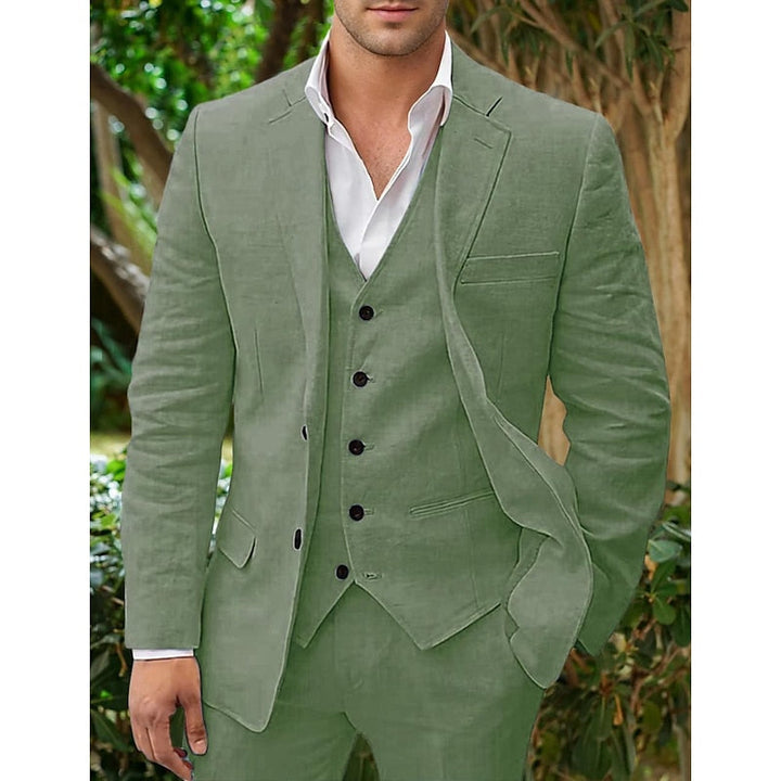 "Dreiteiliges Herren Leinen-Set in Schwarz, edler Blazer, klassische Weste, Hose; ideal für formelle Anlässe."